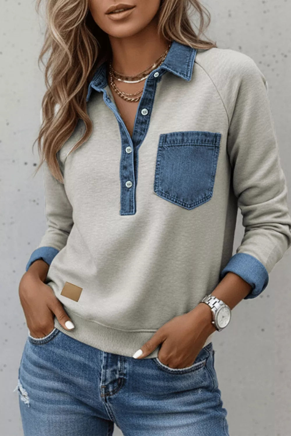 Trendsi Denim-Trimmed Long Sleeve Top -