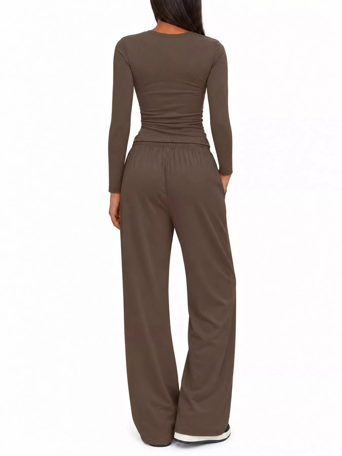 Long Sleeve Ruched Top and Wide-Leg Drawstring Pants Set — back view