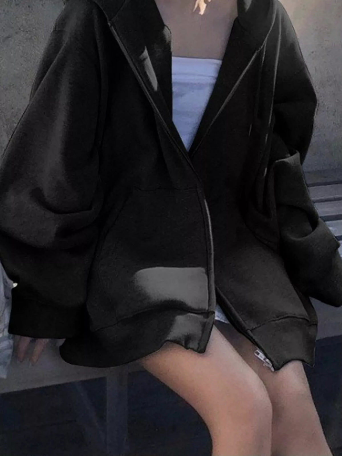 Zip-up hoodie, black seated view
