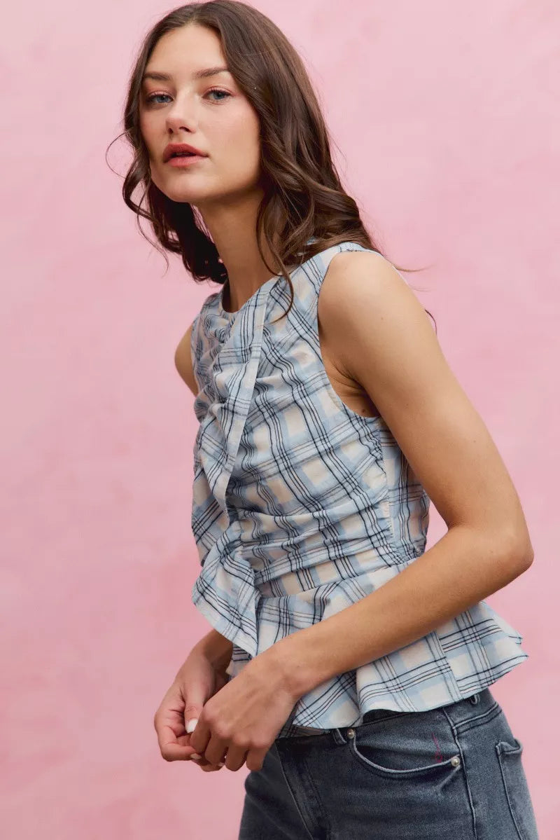 Women's Plaid Sleeveless Ruffle Peplum Top Blue And White Cotton — product view 2