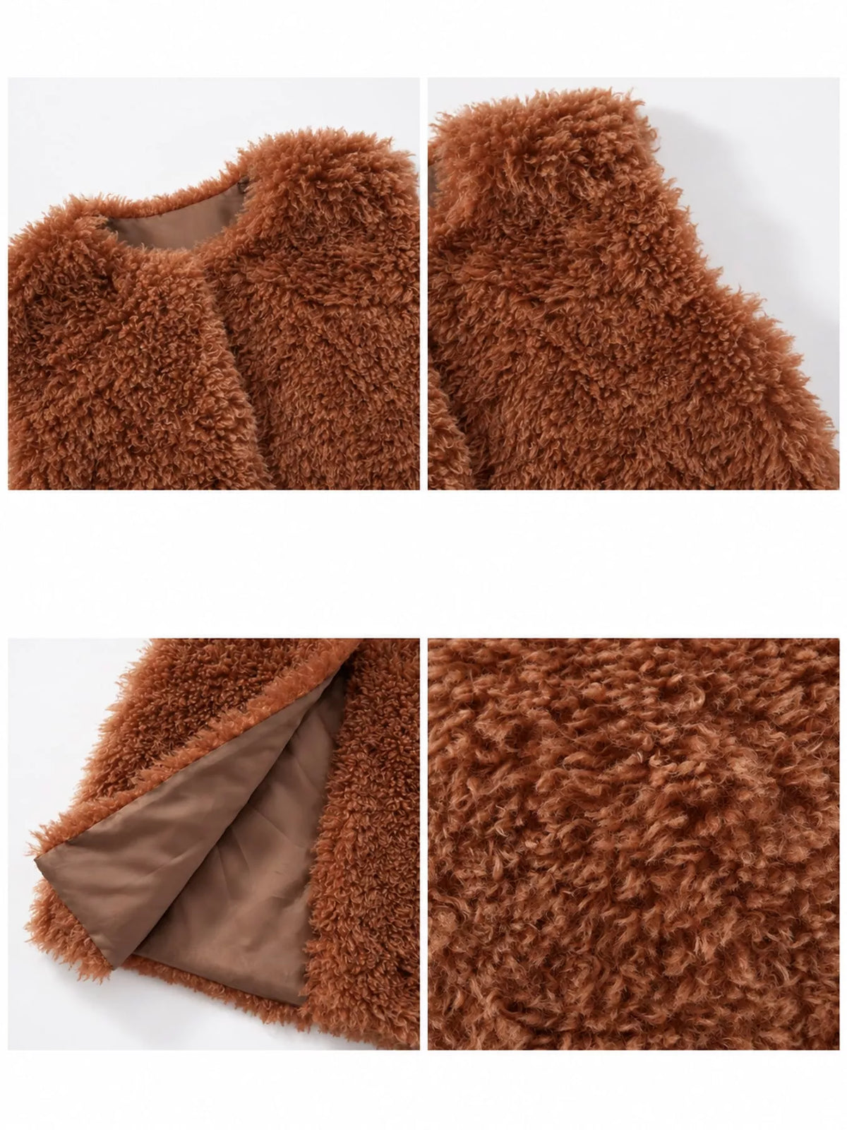 Faux Fur Open Front Vest Coat, detail view in brown