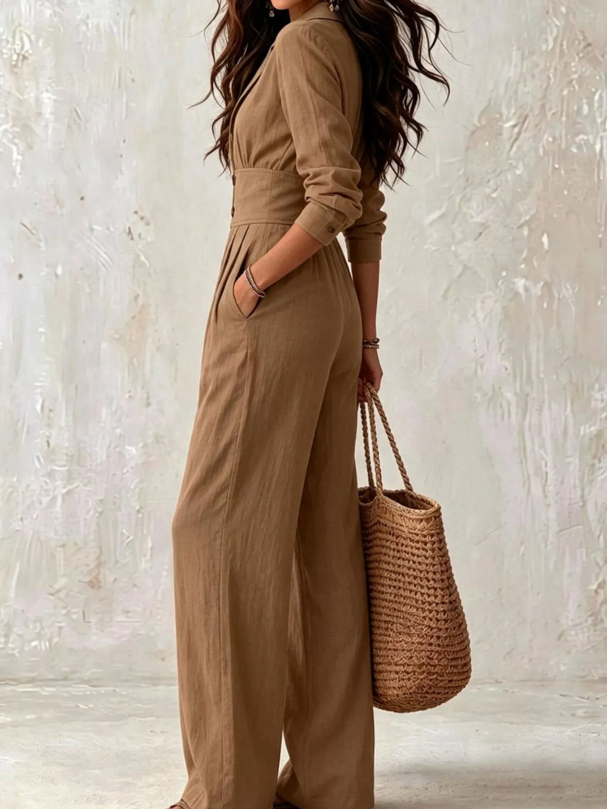 Brown Lapel-Collar Button-Front Wide-Leg Jumpsuit side view