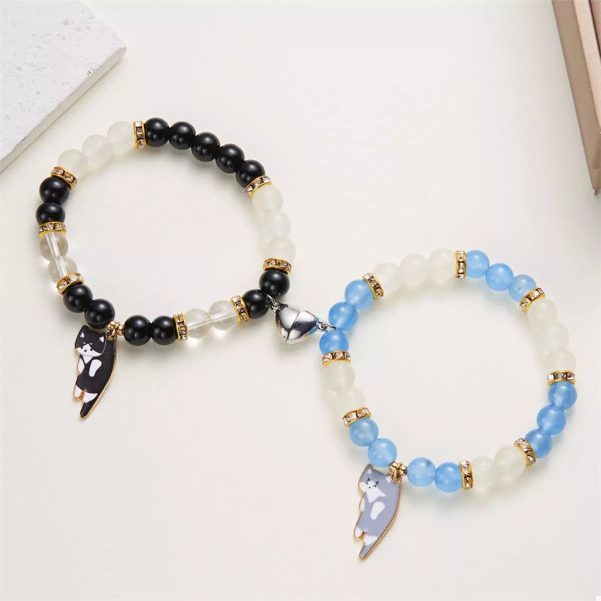 Trendsi 2 Piece Beaded Cat Charm Bracelet -