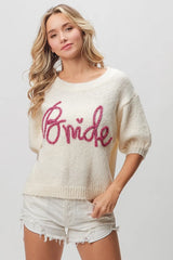 Trendsi BiBi Metallic Letter Short Puff Sleeve Hairy Sweater -