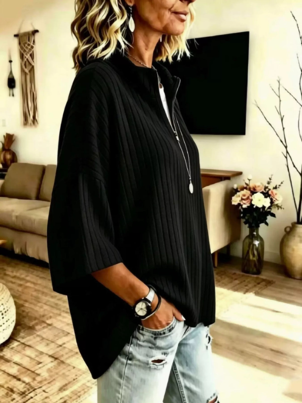 Women's Half-Zip Ribbed Knit Top in Black, alternate view
