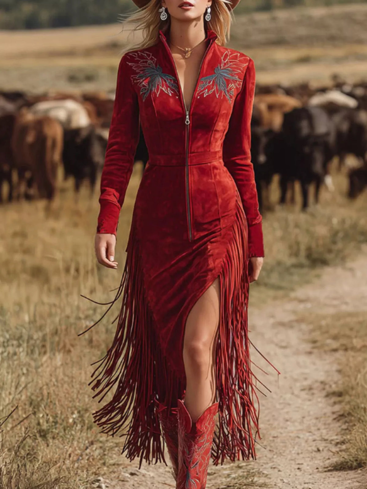 Trendsi Fringe Zip-Front Midi Dress -
