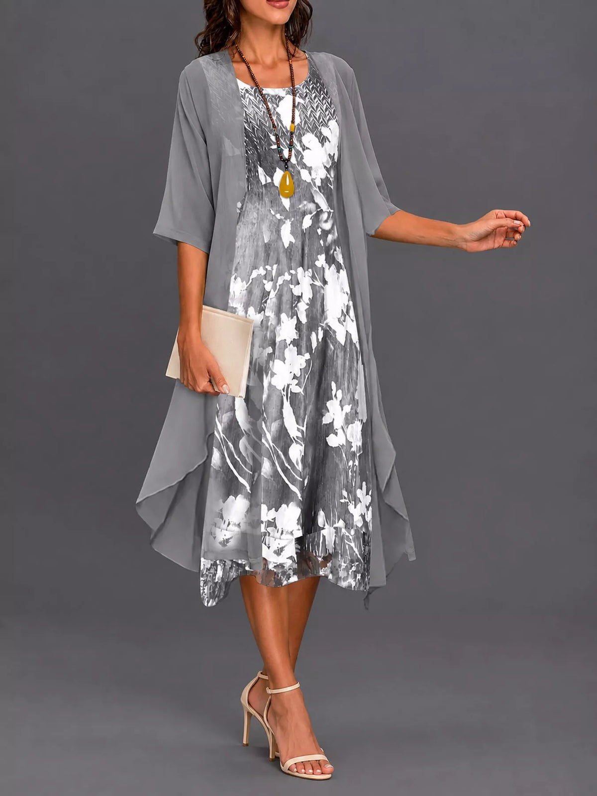 Floral dress and cardigan set, gray front