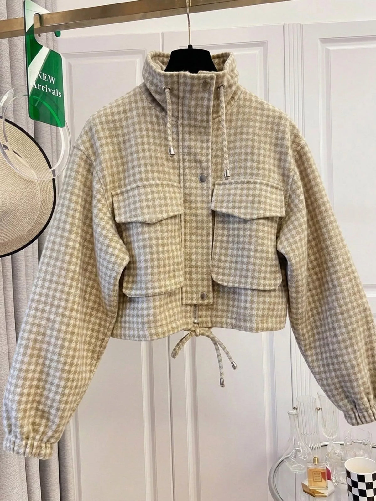Apricot plaid cropped zip-up jacket