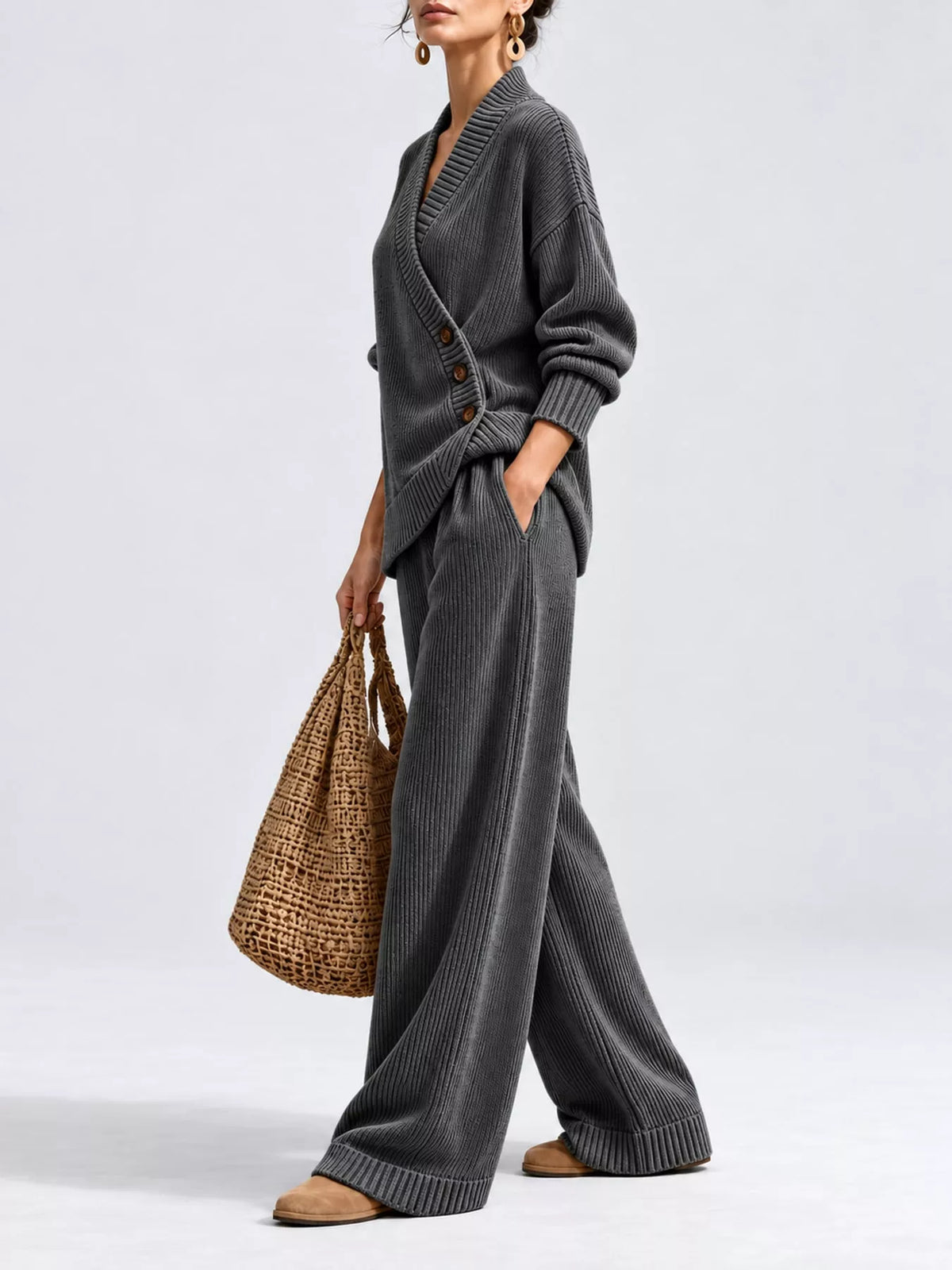 V-Neck Wrap Sweater and Wide-Leg Pants Set — side view
