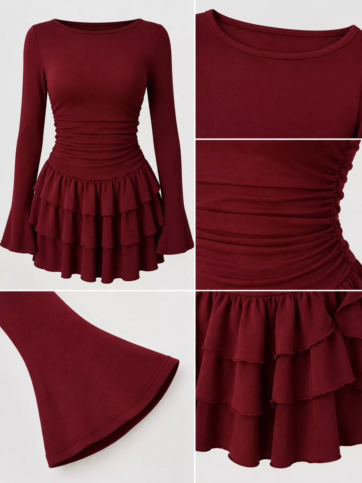 Burgundy layered ruffle mini dress, neckline, ruched waist, sleeve, and tiered skirt