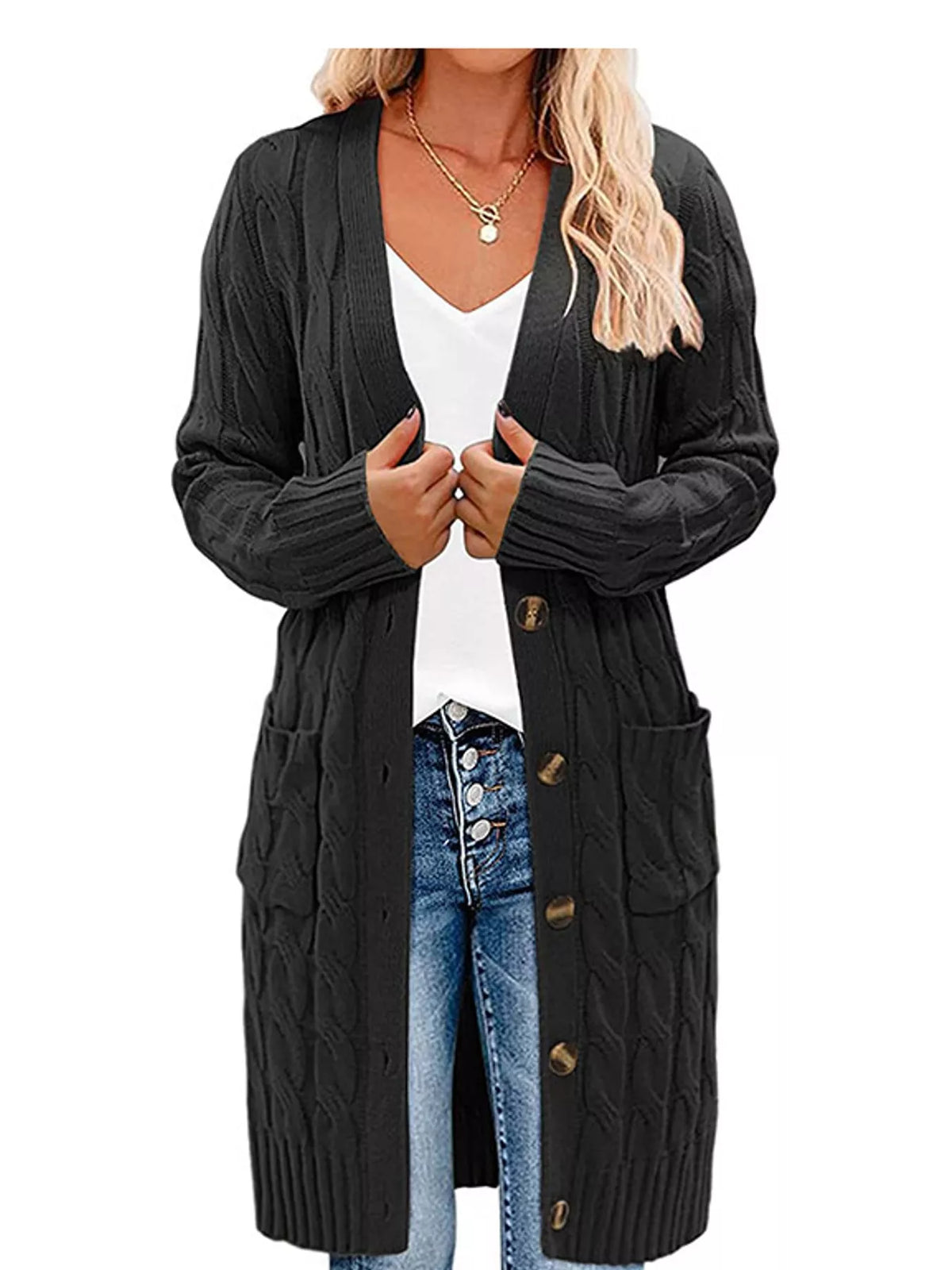 Cable Knit Button-Down Cardigan with Pockets — front view