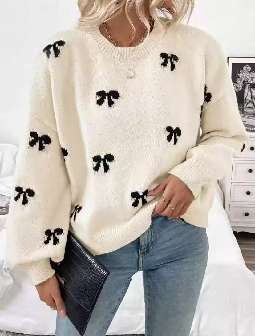Trendsi Bow Round Neck Dropped Shoulder Sweater -