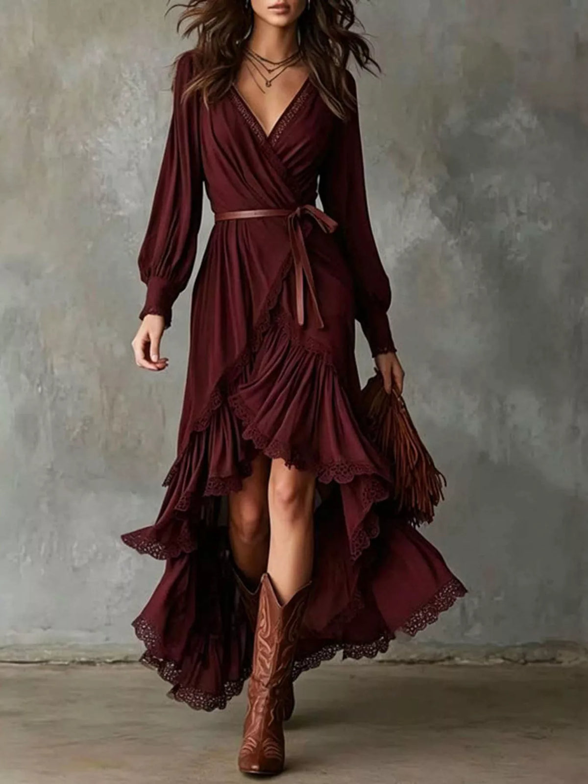 High-Low Hem Surplice Dress in burgundy