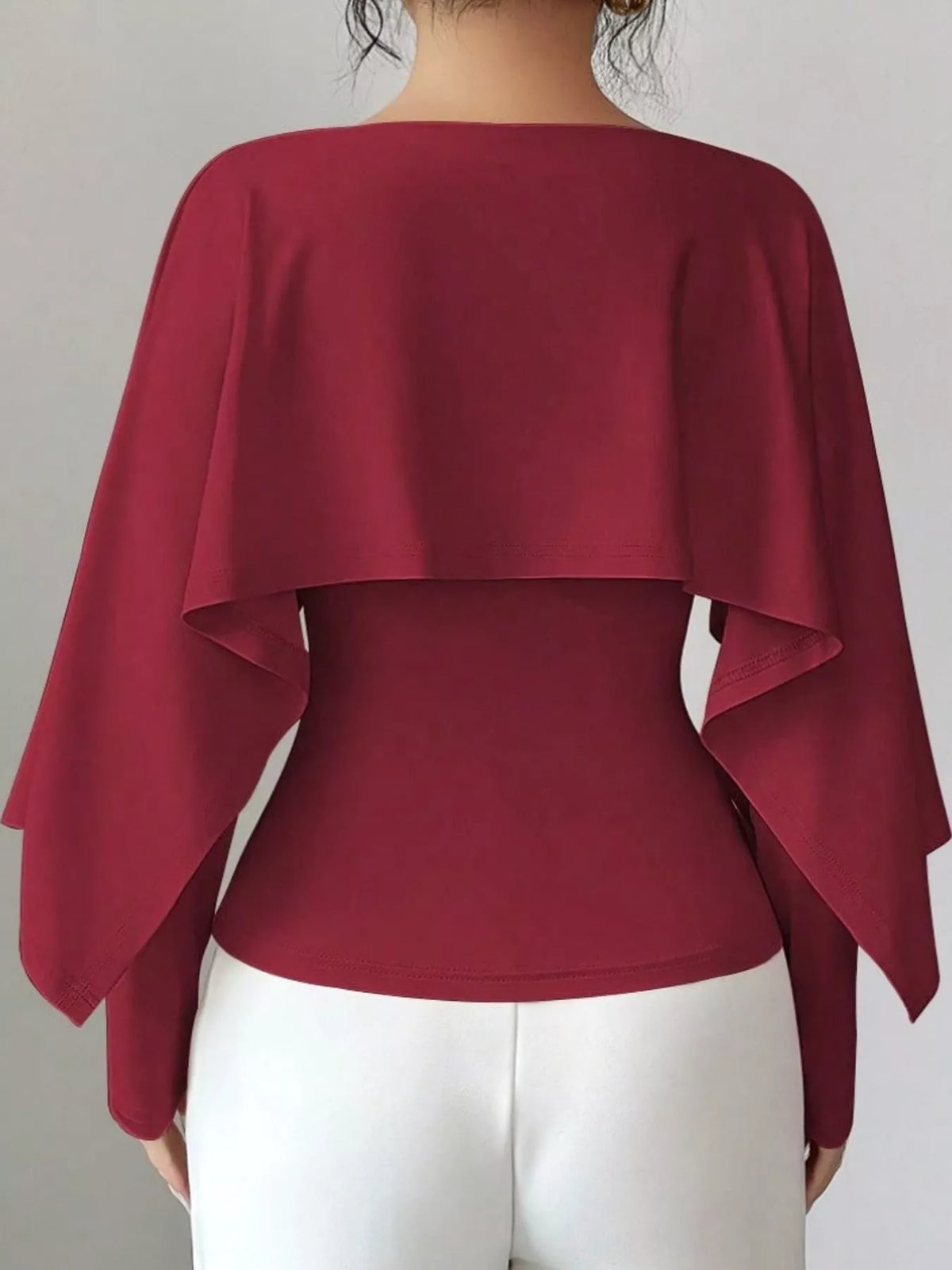 Layered Cape-Style Blouse with Slim-Fit Bodice — back view
