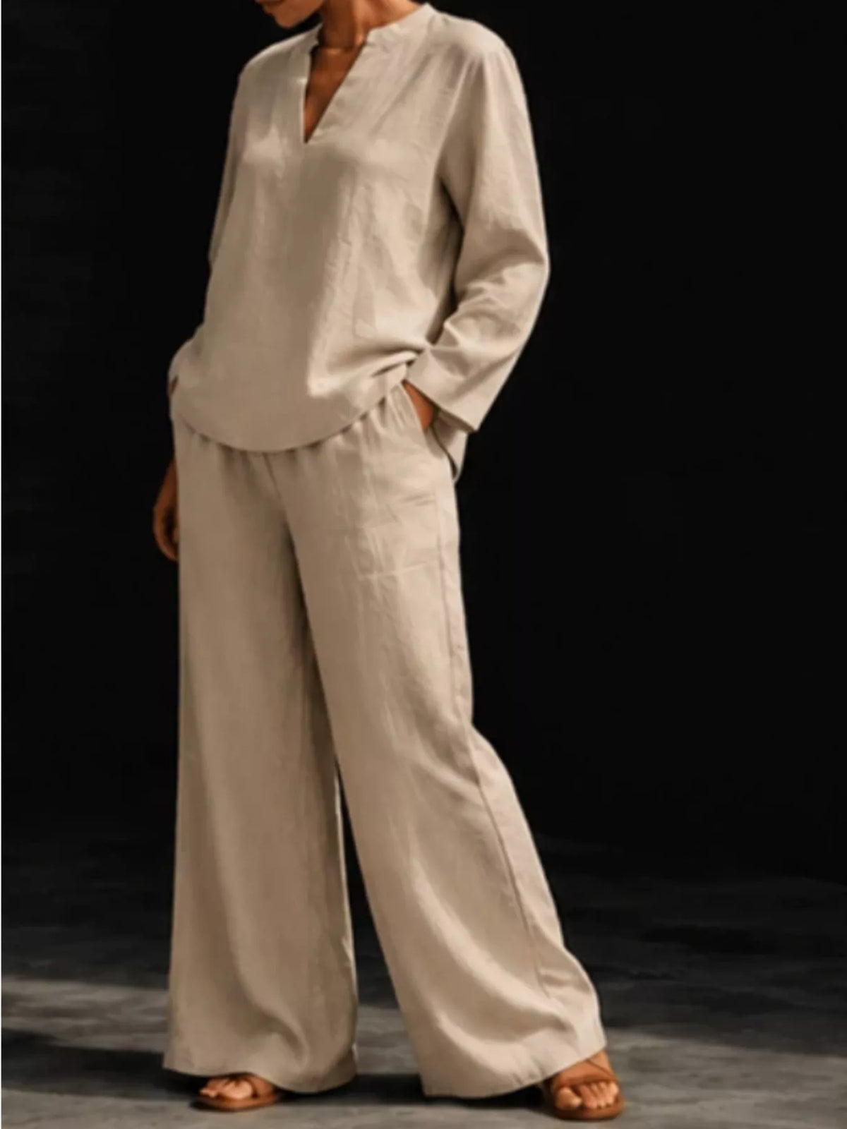 Trendsi Notched Long Sleeve Top and Pants Set -