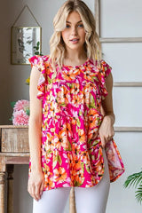Trendsi Heimish Full Size Butterfly Sleeve Floral Tiered Top Plus Size - Shirts