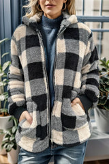 Trendsi Double Take Full Size Check Fuzzy Sherpa Hooded Zip Up Teddy Winter Coat with Pockets Plus Size -