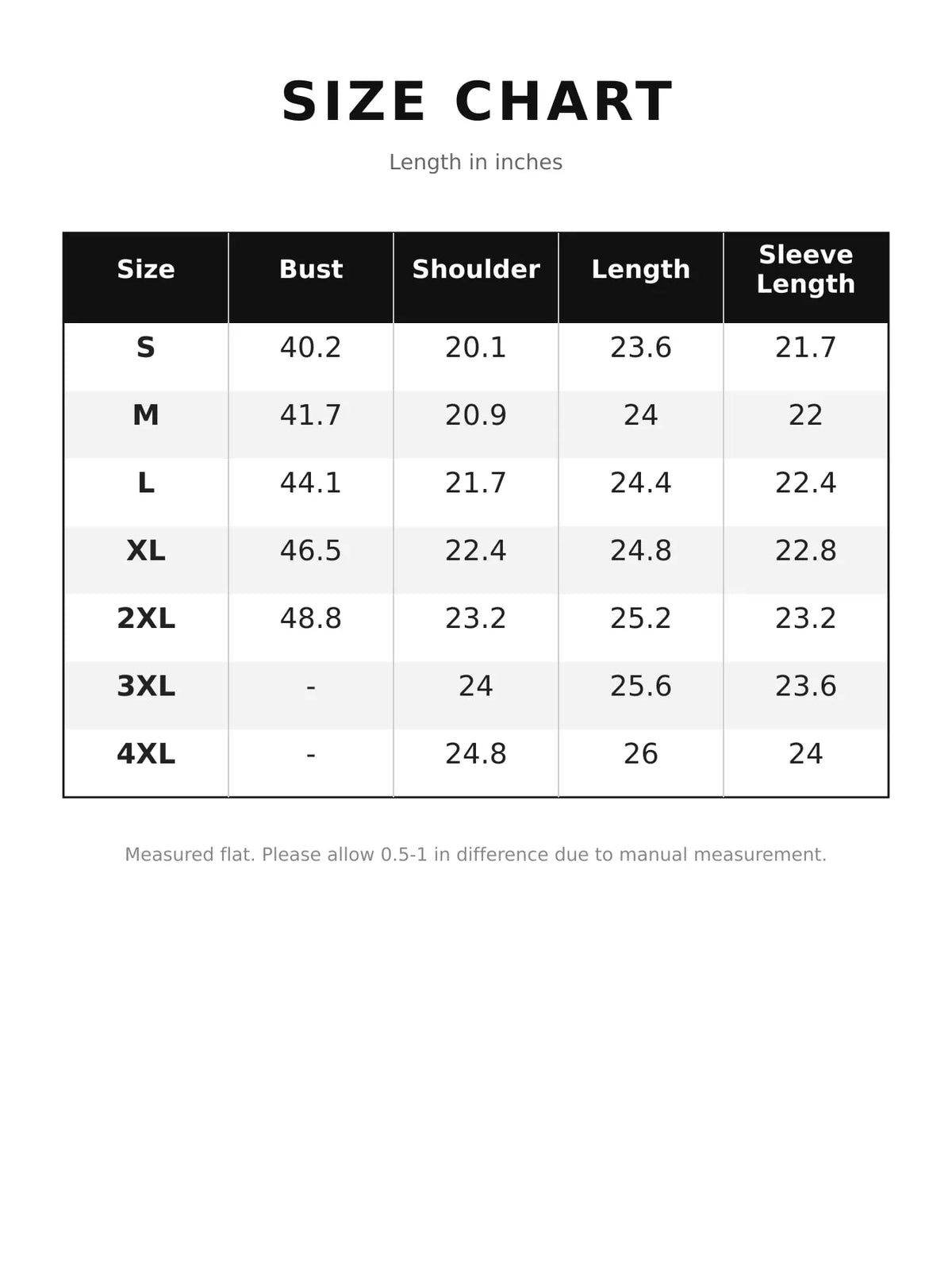 Size chart for zip-up bomber jacket