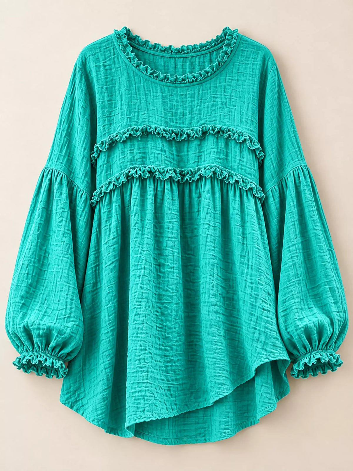 Turquoise textured frayed-trim peplum blouse, product view