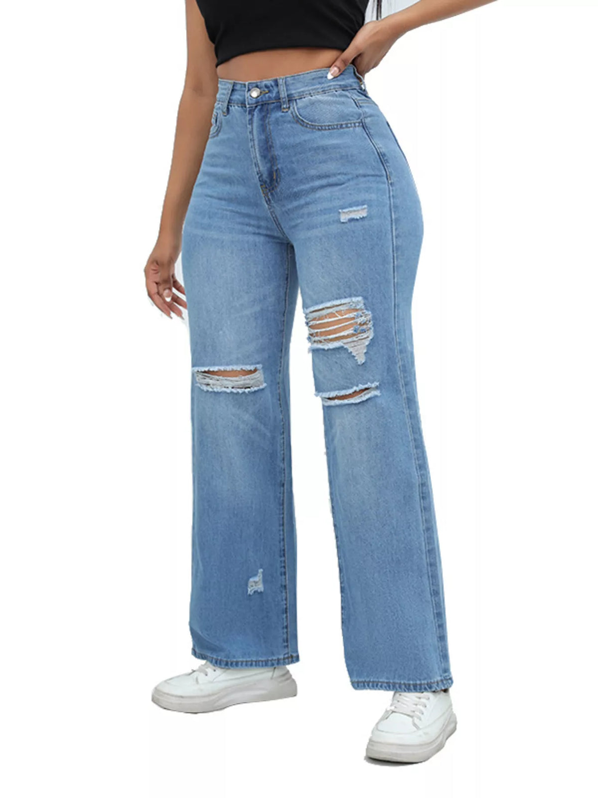 Medium blue distressed wide-leg jeans, front view at an angle