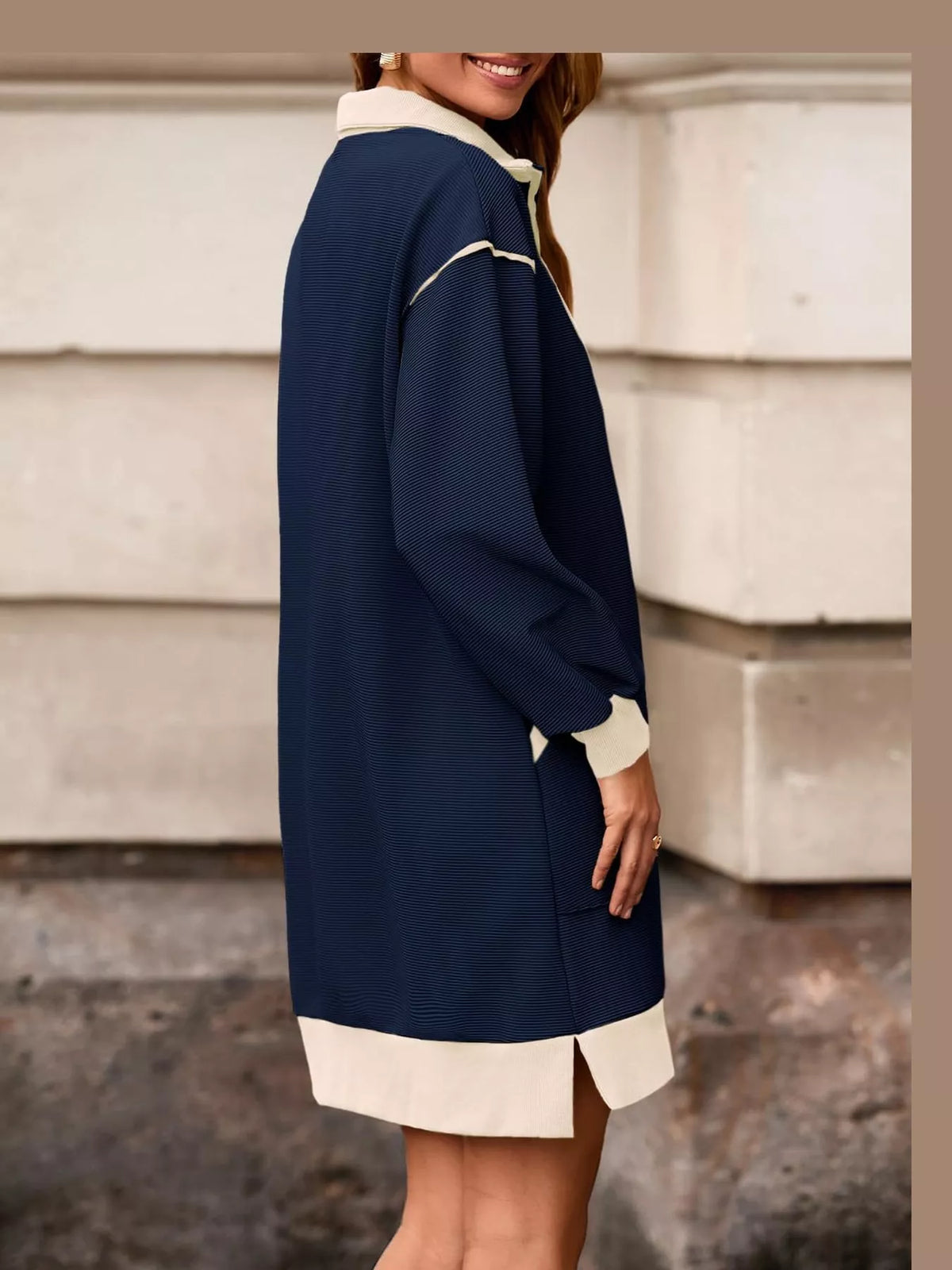 Navy color block quarter-zip sweatshirt dress — back view