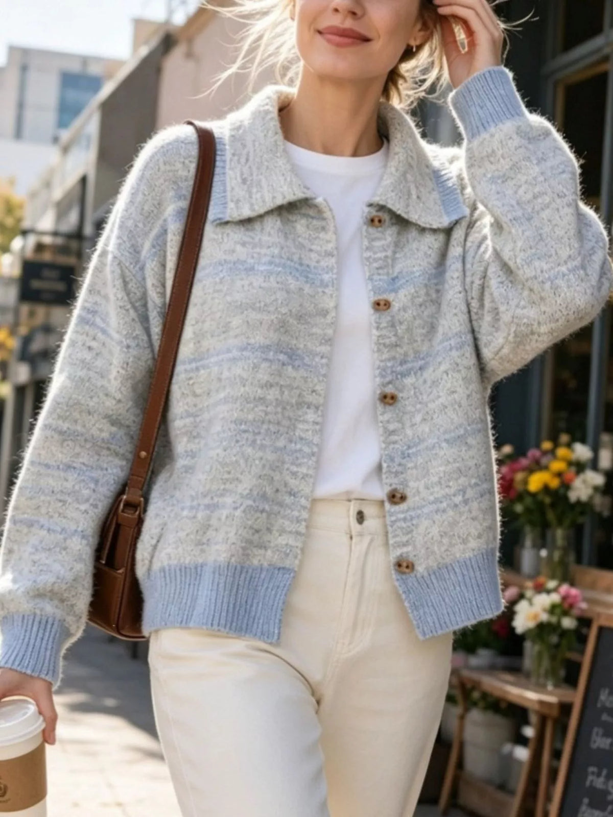 Light Gray Striped Button-Down Knit Cardigan alternate view