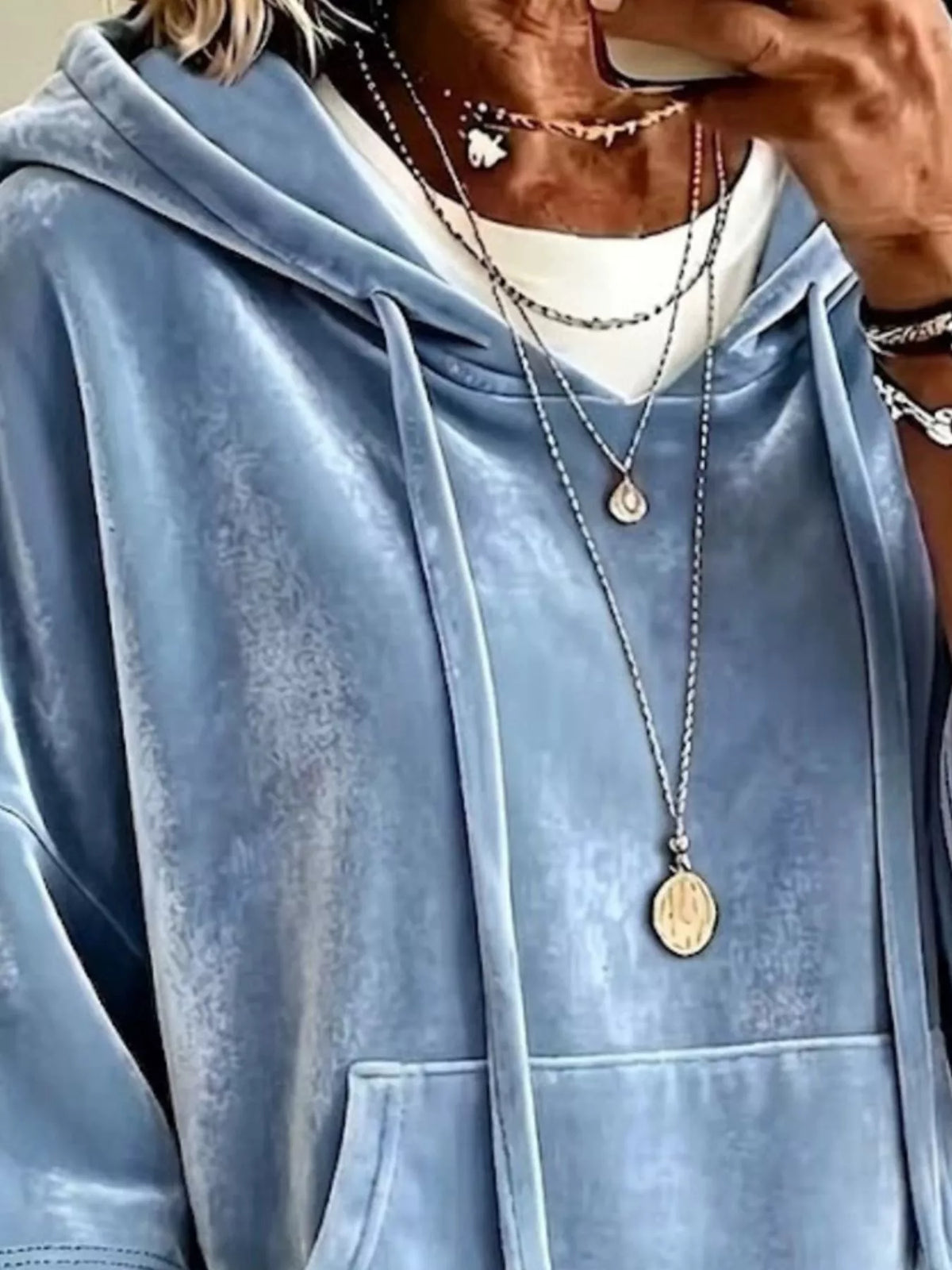 Sky Blue velvet kangaroo pocket drawstring hoodie
