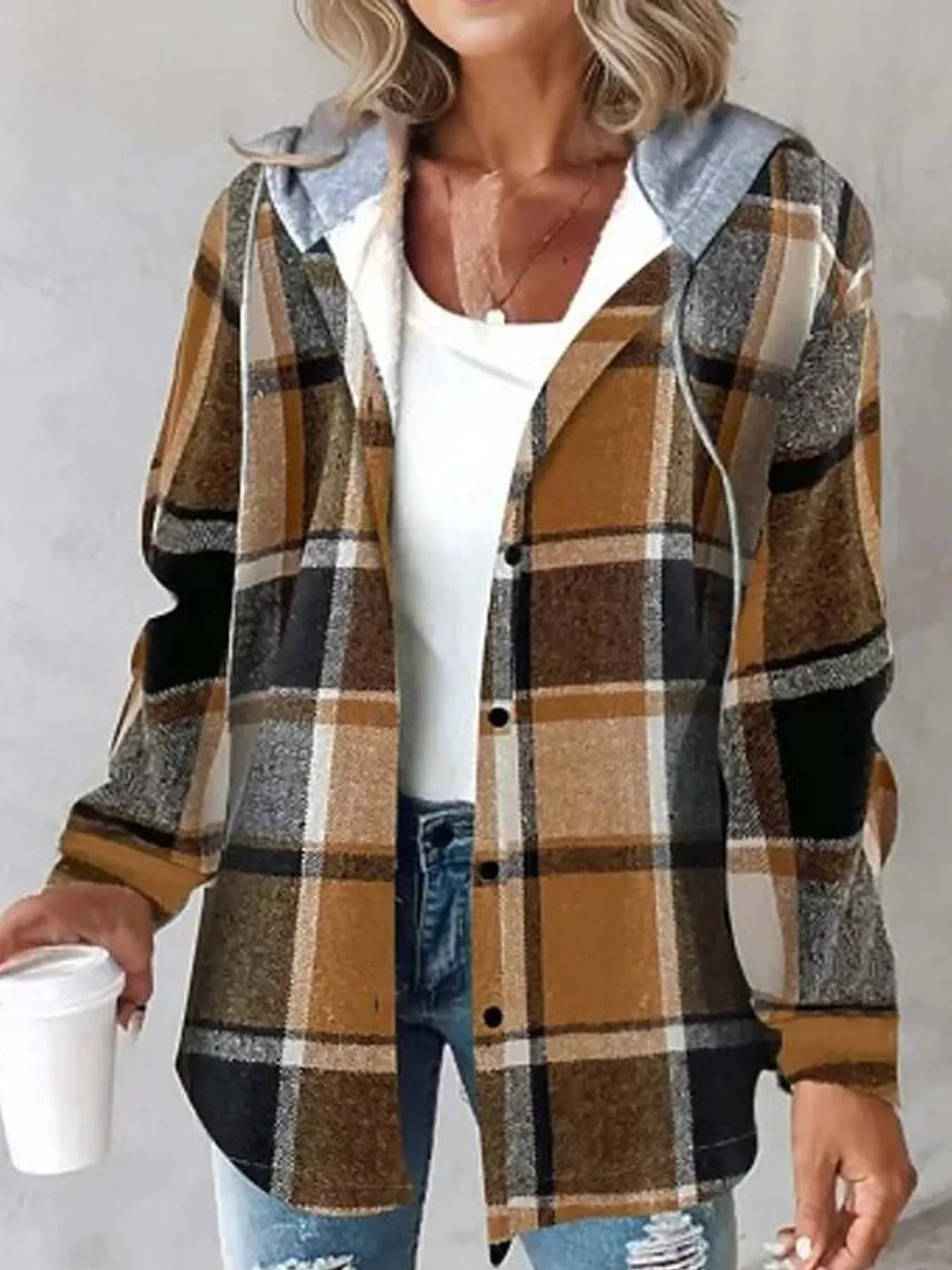 Button-Down Printed Contrast Hooded Shacket — front view