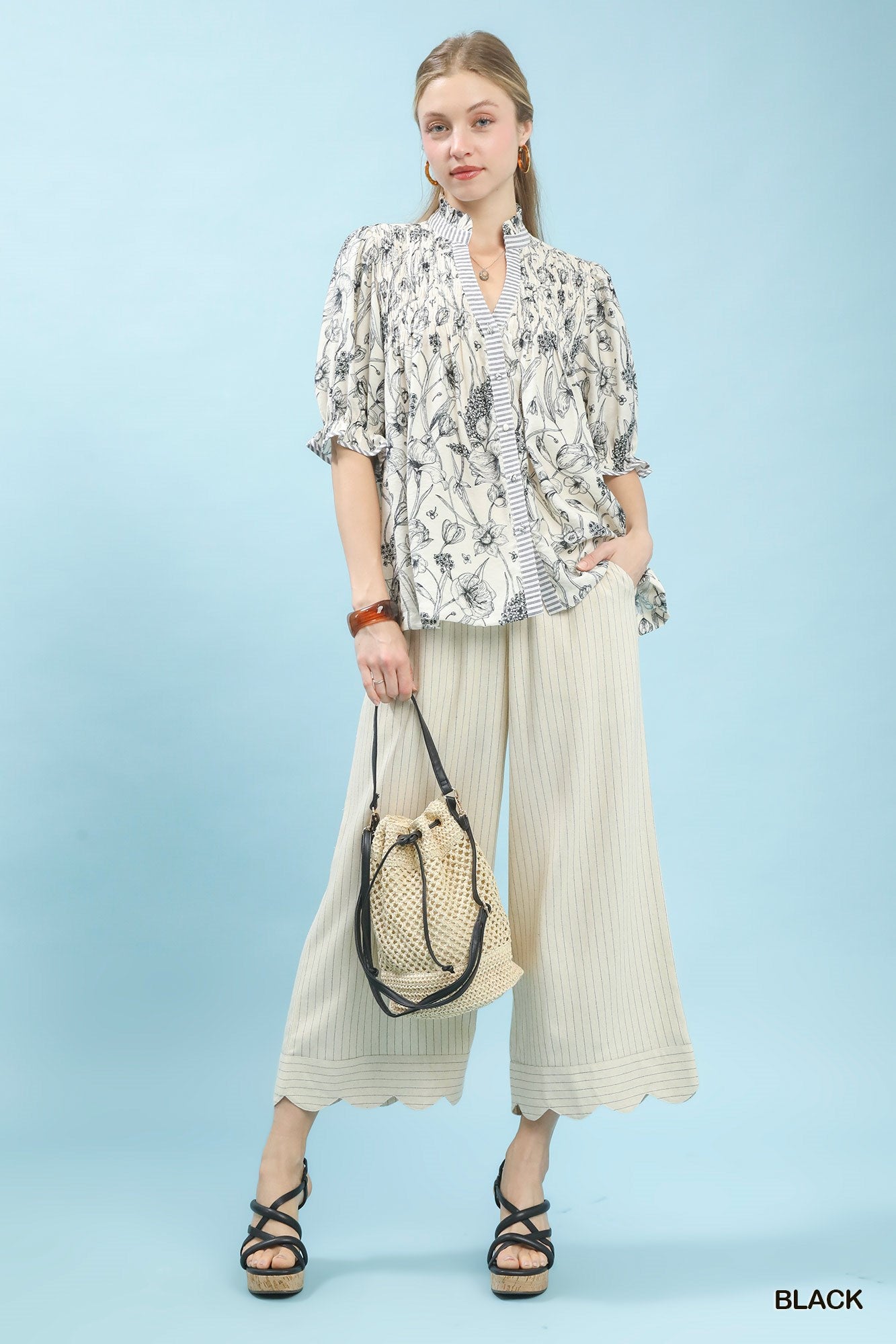 Women's Mixed Print Button-Front Blouse With Smocked Yoke — product view 5