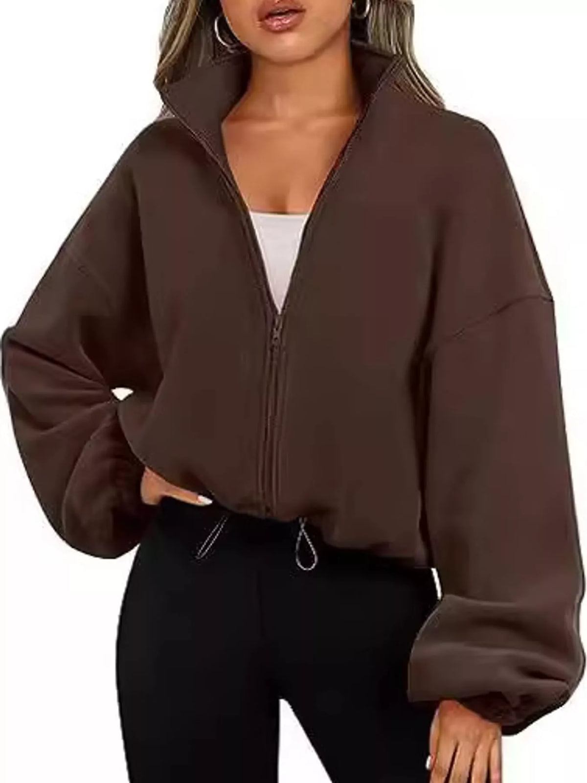 Brown drawstring hem zip-up jacket