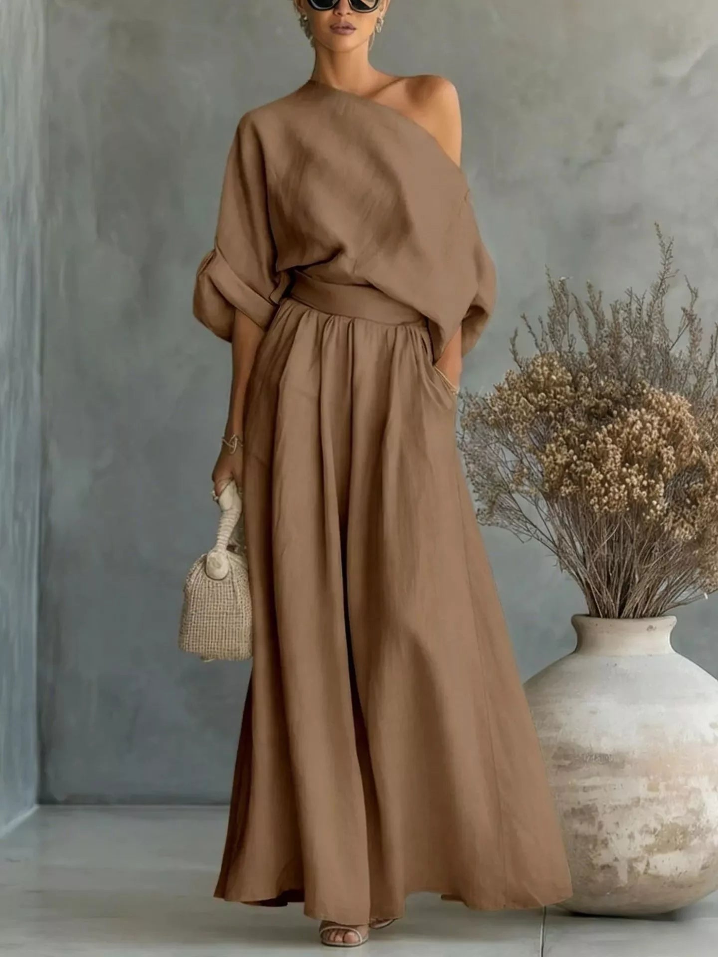 Trendsi Full Size One Shoulder Top and Wide Leg Pants Set Plus Size -