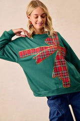 Trendsi BiBi Plaid Ribbon Bow Detail Christmas Fleece Pullover -
