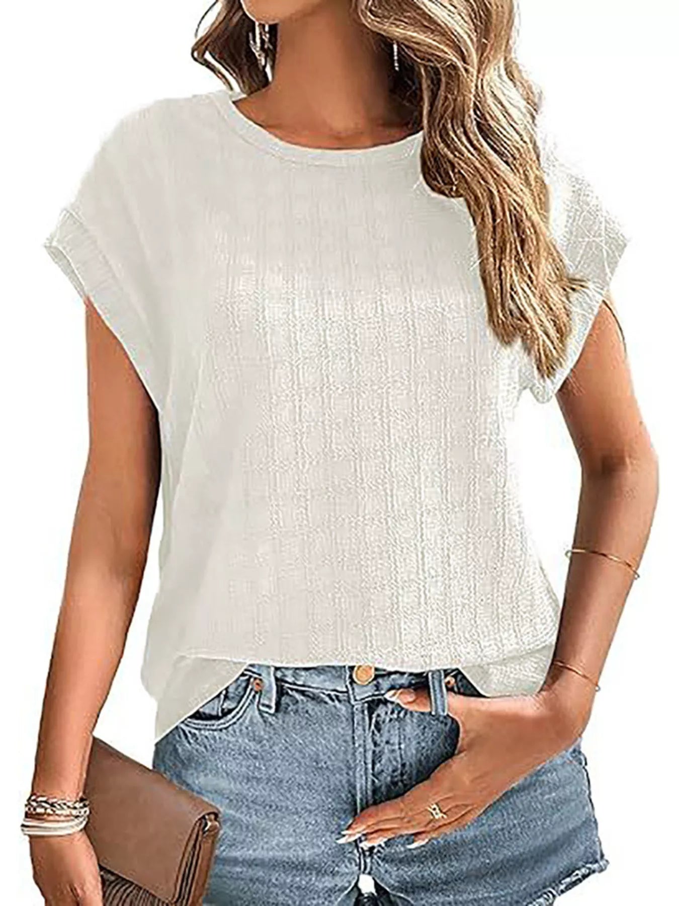 Trendsi Textured Round Neck Short Sleeve Top -