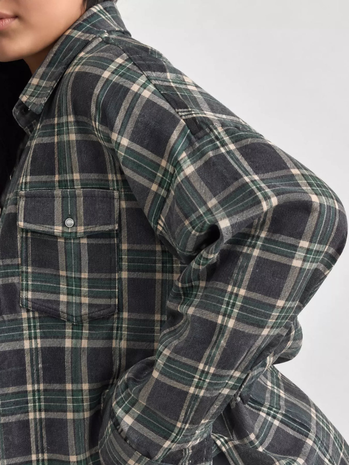 Dark Gray plaid button up shirt, detail view