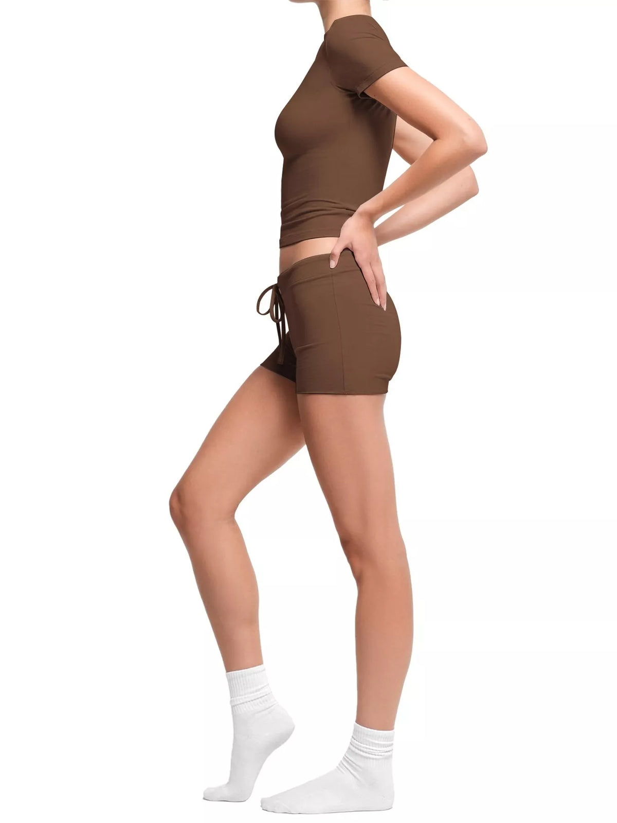 Brown crop top and drawstring shorts set, side view