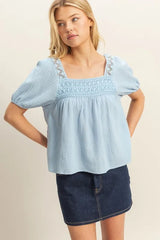 Trendsi HYFVE Crochet Detail Puff Sleeve Peasant Top -