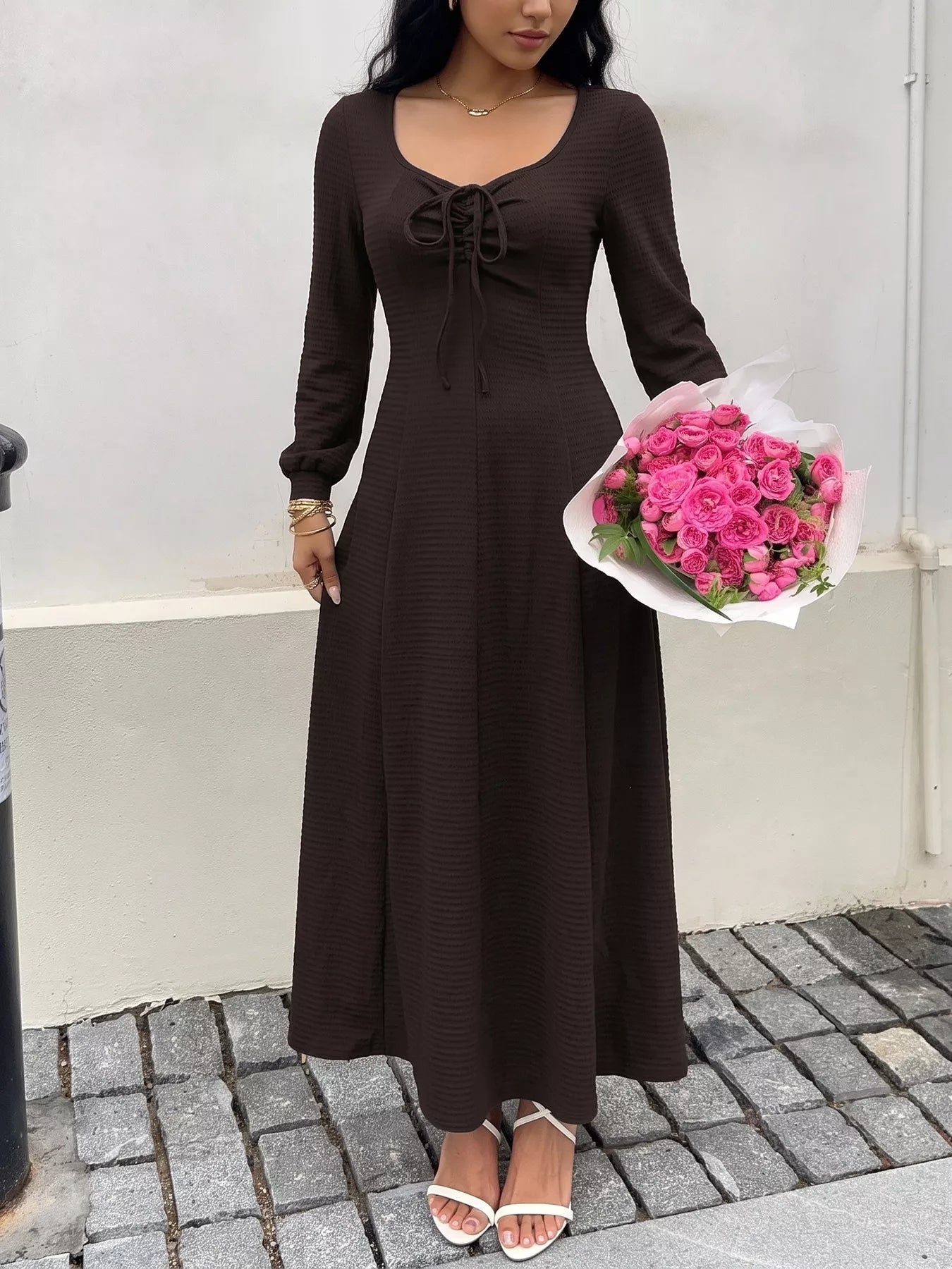 Trendsi Long Sleeve Tie-Front Maxi Dress -