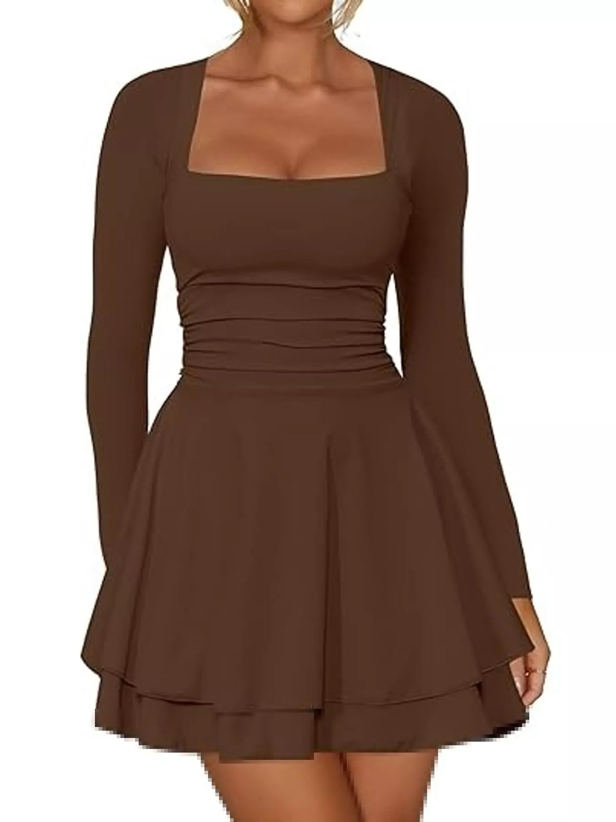 Square neck long sleeve mini dress, front view on model