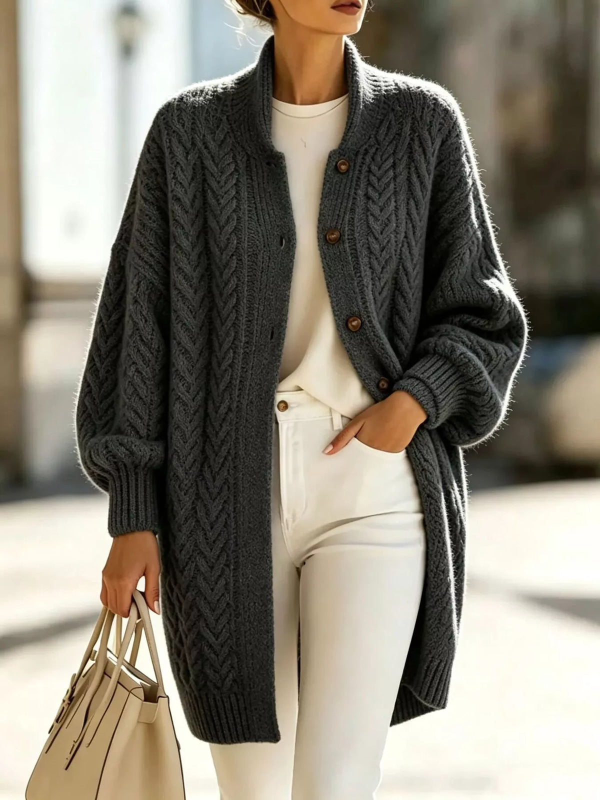 Round neck long sleeve cardigan, front view on model