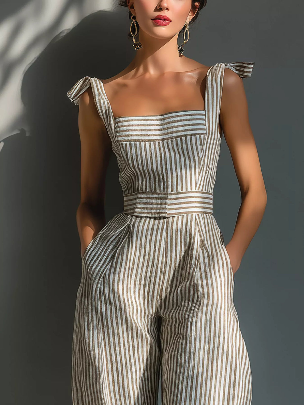 Beige striped striped tie-shoulder wide-leg jumpsuit — design and construction details