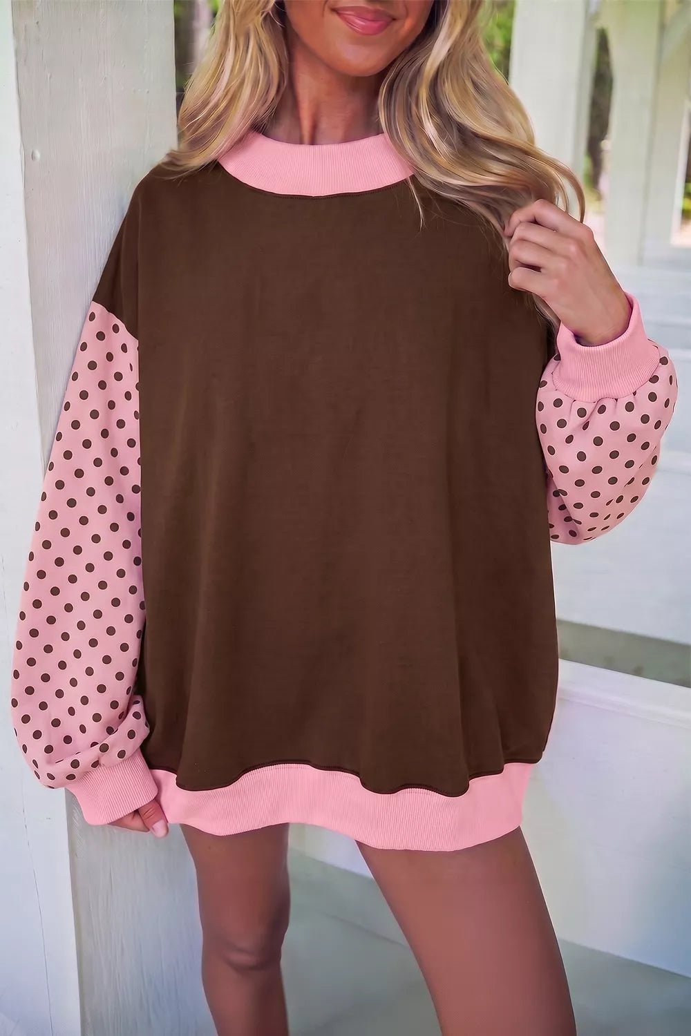 Colorblock Polka Dot Puff Sleeve Sweatshirt — front view