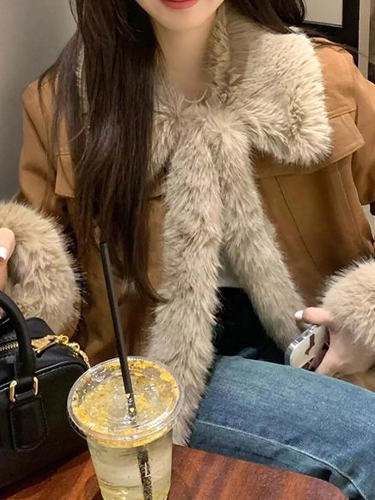 Brown-Thickened Cotton-Padded Lining detachable faux fur collar and cuffs jacket