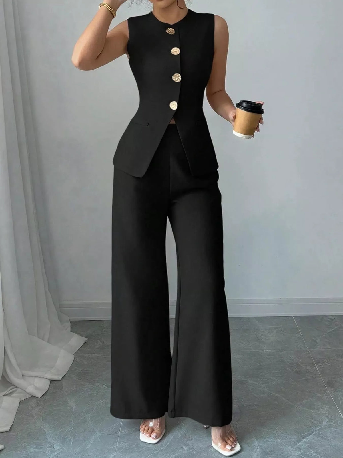 Button-Down Vest and Wide-Leg Pants Set in black