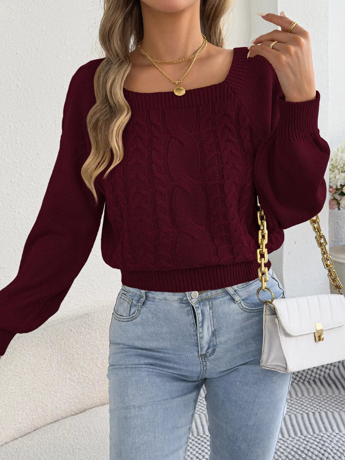Burgundy square neck cable knit sweater
