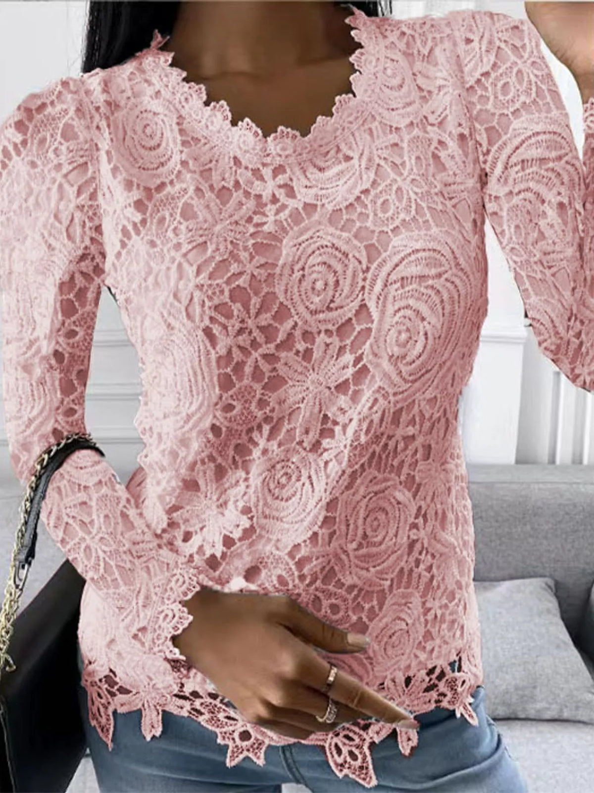 Lace Long Sleeve Blouse in pink