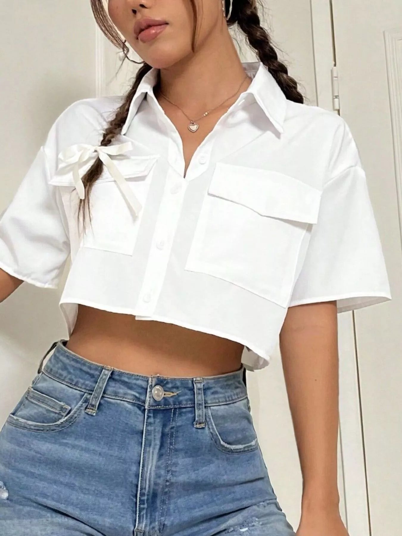 Trendsi Short Sleeve Crop Shirt with Chest Pockets -