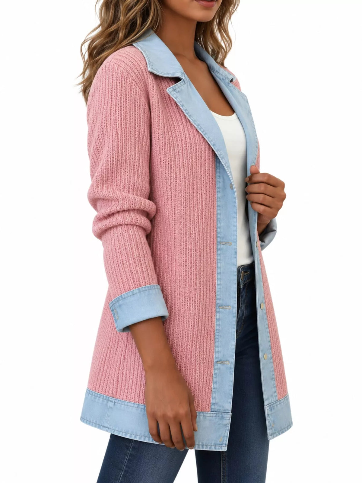 Pink denim trim ribbed knit cardigan, side view