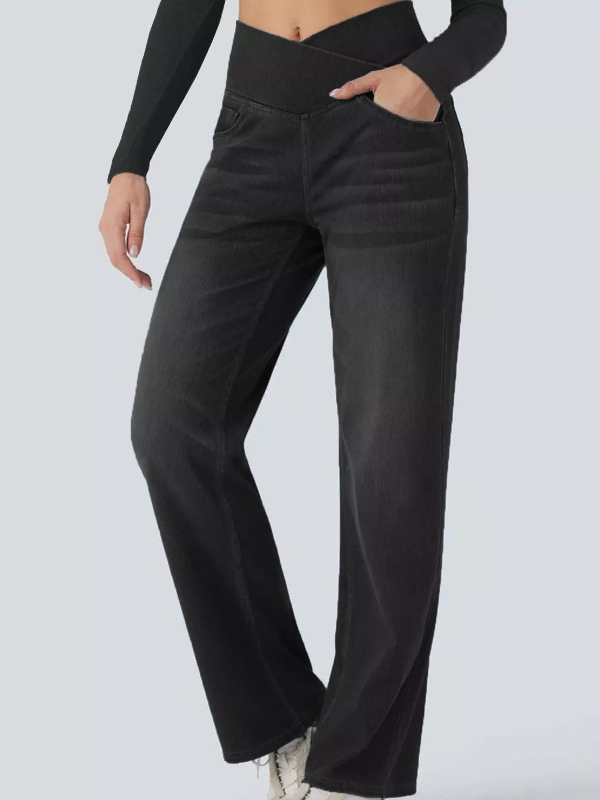 High-Waisted Crossover Straight-Leg Jeans, front view