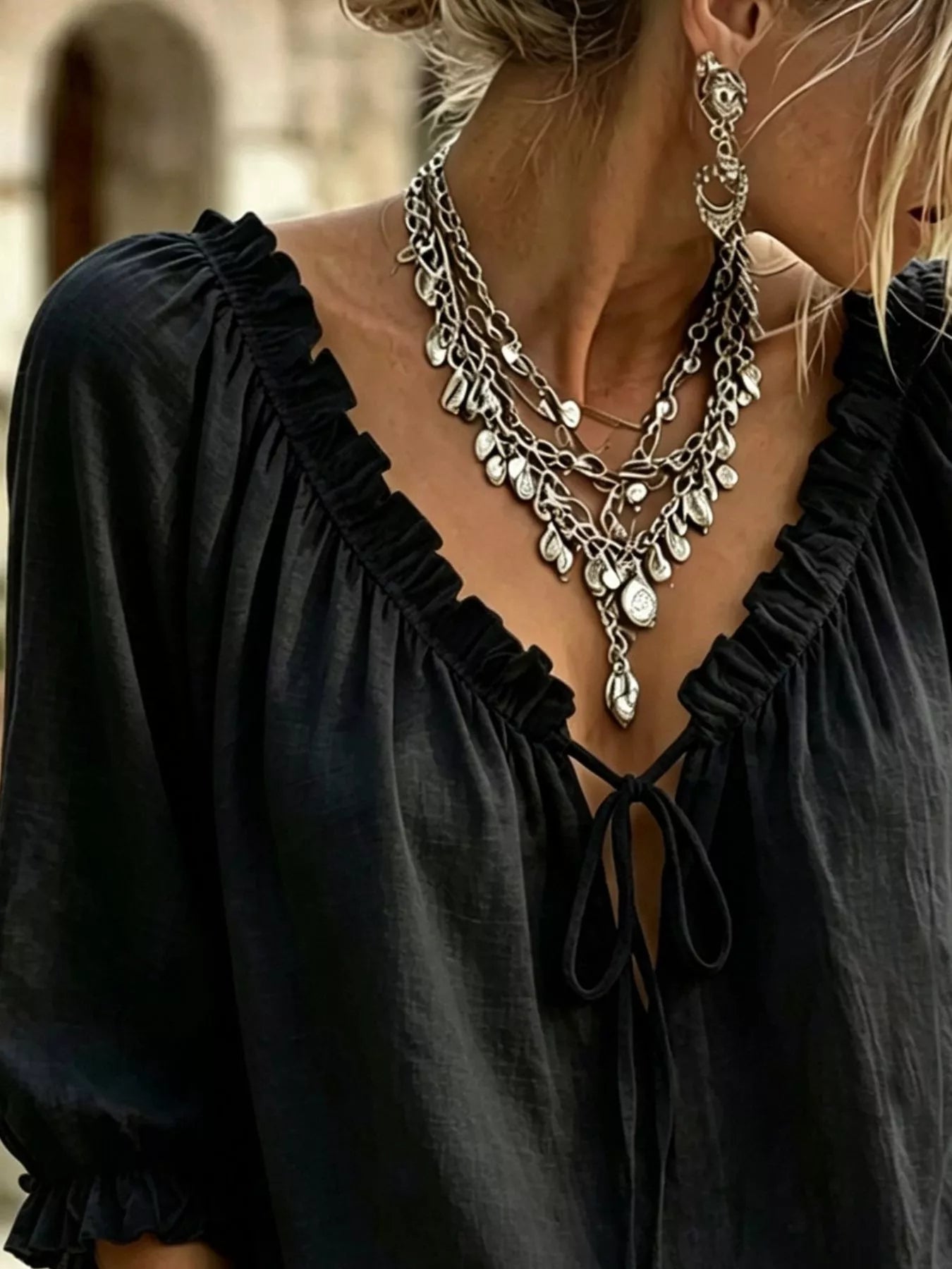 Trendsi Frill Tie Neck 3/4 Sleeve Blouse -