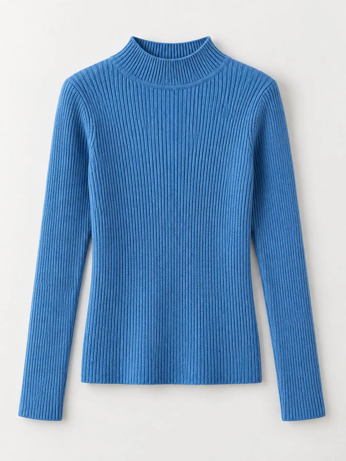 Blue ribbed mock neck long sleeve knit top